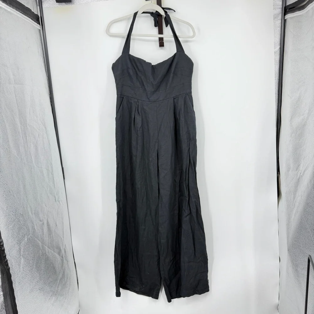 Rumer Freya‎ Jumpsuit Size XL black linen halter tie neck resort wear